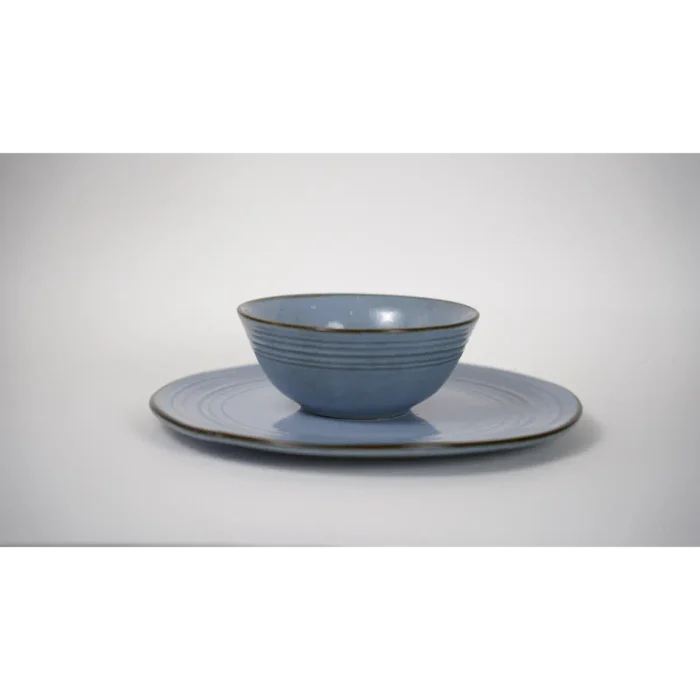 Blue Dinner Plates with Brown Circles and Brown Rim